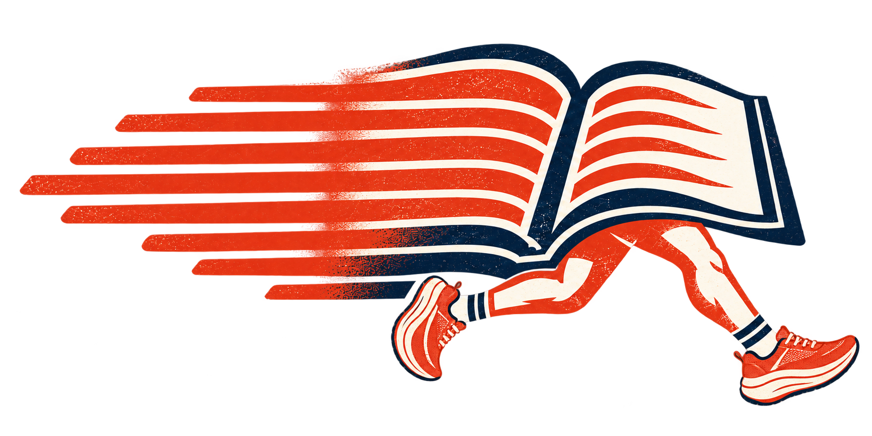 An open book with running legs in modern cushioned shoes, illustrated in a vintage print style